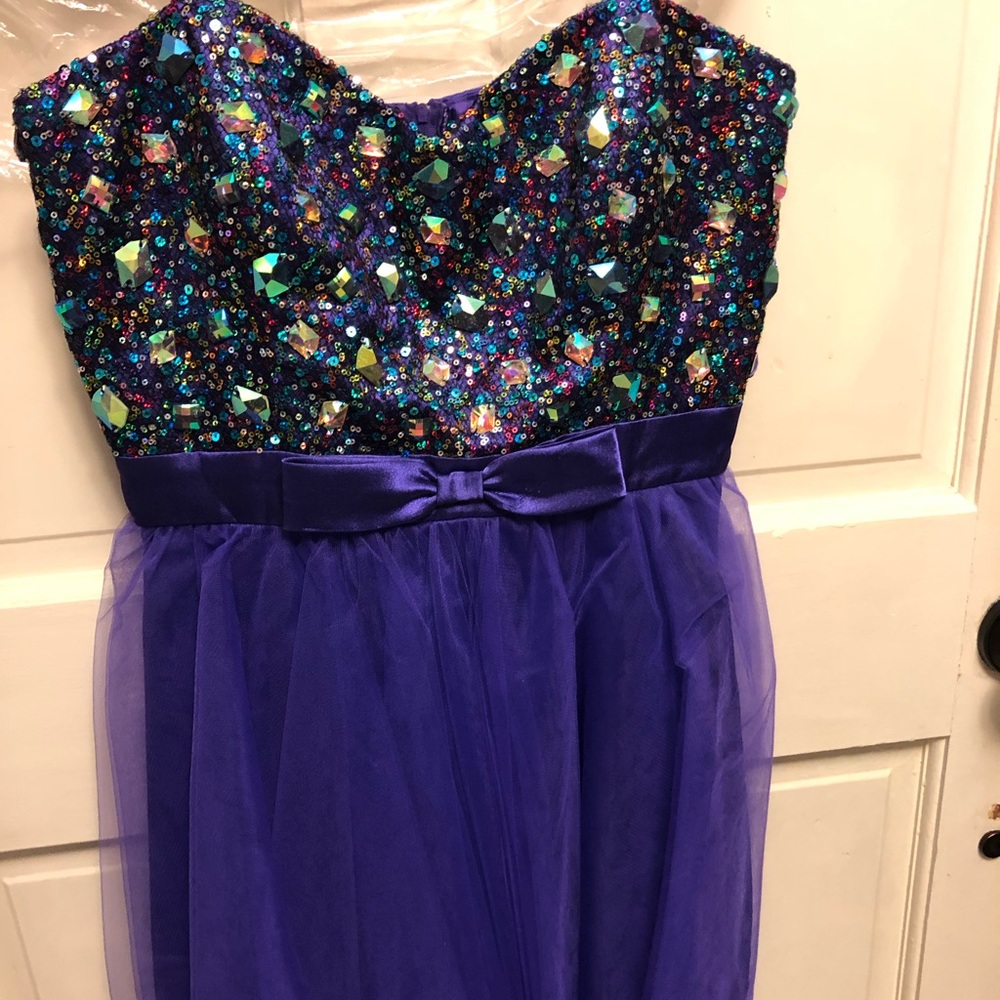 Purple and rainbow sequined homecoming/prom dress